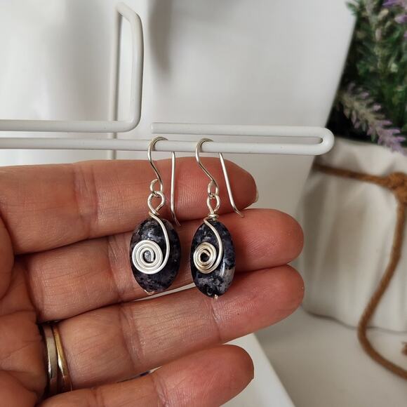 Natural Sodalite Stone Silver Wire-wrapped Dangle Earrings - Picture 9 of 12